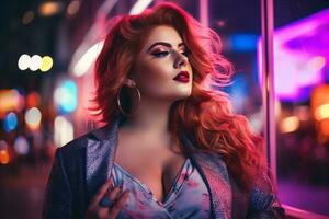 Plus size modern woman rocking modern against the vibrant neon streets AI Generative photo