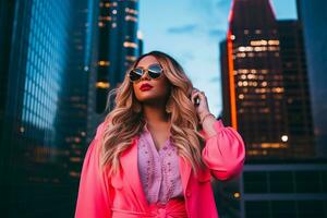 Plus size modern woman rocking modern against the vibrant neon streets AI Generative photo