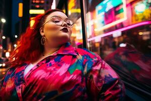 Plus size modern woman rocking modern against the vibrant neon streets AI Generative photo