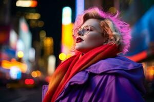 Plus size modern woman rocking modern against the vibrant neon streets AI Generative photo