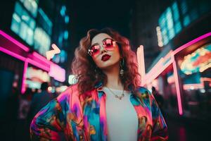 Plus size modern woman rocking modern against the vibrant neon streets AI Generative photo