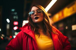 Plus size modern woman rocking modern against the vibrant neon streets AI Generative photo