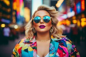 Plus size modern woman rocking modern against the vibrant neon streets AI Generative photo