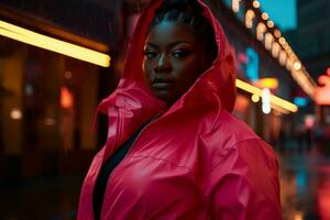 Plus size modern woman rocking modern against the vibrant neon streets AI Generative photo