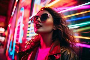 Plus size modern woman rocking modern against the vibrant neon streets AI Generative photo