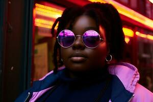 Plus size modern woman rocking modern against the vibrant neon streets AI Generative photo