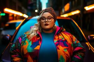 Plus size modern woman rocking modern against the vibrant neon streets AI Generative photo