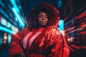 Plus size modern woman rocking modern against the vibrant neon streets AI Generative photo