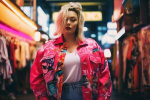 Plus size modern woman rocking modern against the vibrant neon streets AI Generative photo
