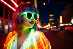 Plus size modern woman rocking modern against the vibrant neon streets AI Generative photo