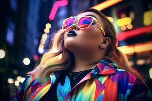 Plus size modern woman rocking modern against the vibrant neon streets AI Generative photo