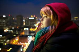 Plus size modern woman rocking modern against the vibrant neon streets AI Generative photo