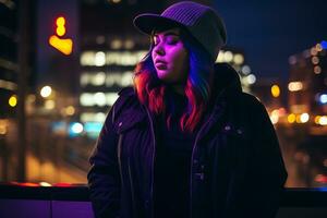 Plus size modern woman rocking modern against the vibrant neon streets AI Generative photo