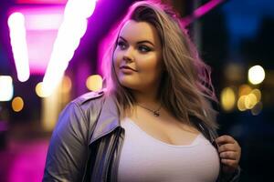 Plus size modern woman rocking modern against the vibrant neon streets AI Generative photo