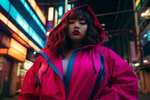 Plus size modern woman rocking modern against the vibrant neon streets AI Generative photo