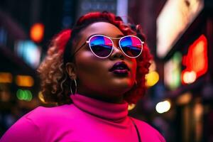 Plus size modern woman rocking modern against the vibrant neon streets AI Generative photo