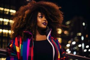 Plus size modern woman rocking modern against the vibrant neon streets AI Generative photo