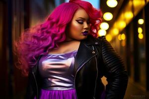 Plus size modern woman rocking modern against the vibrant neon streets AI Generative photo