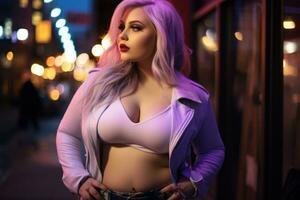 Plus size modern woman rocking modern against the vibrant neon streets AI Generative photo