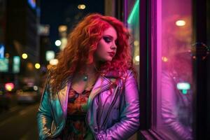 Plus size modern woman rocking modern against the vibrant neon streets AI Generative photo