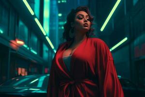 Plus size modern woman rocking modern against the vibrant neon streets AI Generative photo