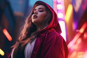 Plus size modern woman rocking modern against the vibrant neon streets AI Generative photo