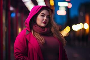 Plus size modern woman rocking modern against the vibrant neon streets AI Generative photo