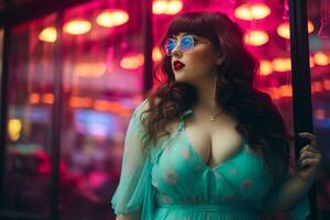 Plus size modern woman rocking modern against the vibrant neon streets AI Generative photo