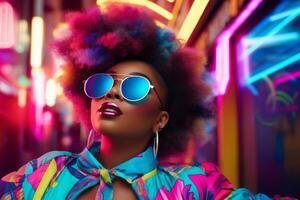 Plus size modern woman rocking modern against the vibrant neon streets AI Generative photo