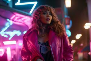 Plus size modern woman rocking modern against the vibrant neon streets AI Generative photo