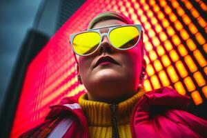 Plus size modern woman rocking modern against the vibrant neon streets AI Generative photo