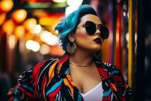 Plus size modern woman rocking modern against the vibrant neon streets AI Generative photo