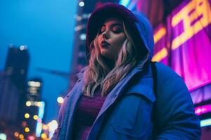 Plus size modern woman rocking modern against the vibrant neon streets AI Generative photo