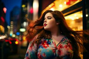 Plus size modern woman rocking modern against the vibrant neon streets AI Generative photo