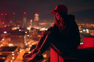 mujer caminando con confianza mediante el vibrante neón iluminado calles ai generativo foto