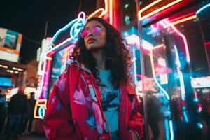 Woman walking confidently through the vibrant neon lit streets AI Generative photo