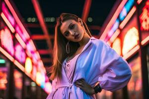 Woman walking confidently through the vibrant neon lit streets AI Generative photo