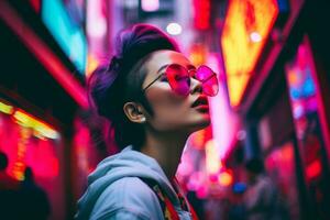 Woman walking confidently through the vibrant neon lit streets AI Generative photo