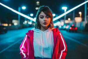 Woman walking confidently through the vibrant neon lit streets AI Generative photo