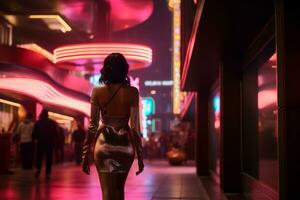 Woman walking confidently through the vibrant neon lit streets AI Generative photo