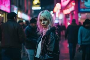 mujer caminando con confianza mediante el vibrante neón iluminado calles ai generativo foto