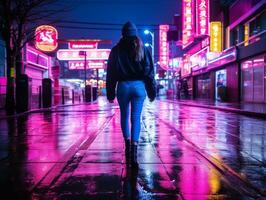 Woman walking confidently through the vibrant neon lit streets AI Generative photo