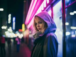 Woman walking confidently through the vibrant neon lit streets AI Generative photo