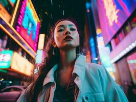Woman walking confidently through the vibrant neon lit streets AI Generative photo