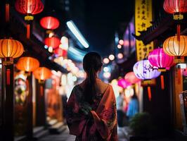 mujer caminando con confianza mediante el vibrante neón iluminado calles ai generativo foto