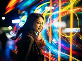 Woman walking confidently through the vibrant neon lit streets AI Generative photo