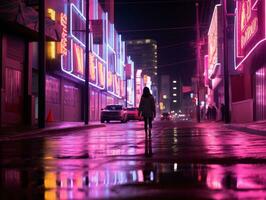 mujer caminando con confianza mediante el vibrante neón iluminado calles ai generativo foto