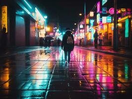 Woman walking confidently through the vibrant neon lit streets AI Generative photo