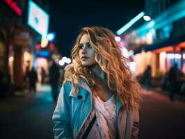 mujer caminando con confianza mediante el vibrante neón iluminado calles ai generativo foto