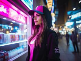 mujer caminando con confianza mediante el vibrante neón iluminado calles ai generativo foto